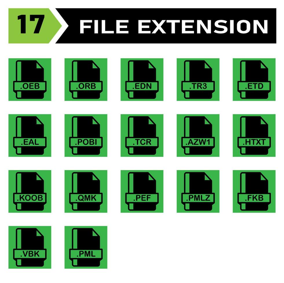 Symbolsatz für Dateierweiterungen umfasst oeb, orb, edn, tr3, etd, eal, pobi, tcr, azw1, htxt, koob, qmk, pef, pmlz, fkb, vbk, pml vektor