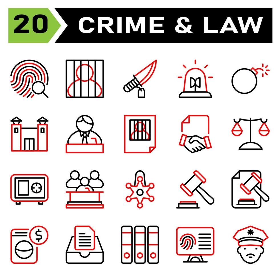 Kriminalitäts- und Rechtssymbole umfassen Fingerabdrücke, Identifizierung, Ermittlungen, Beweise, Suche, Gefängnis, Gefangene, Verbrecher, Verurteilte, Gefängnis, Messer, Kriminalität, Waffe, Sirene, Krankenwagen, Polizei, Notfall vektor