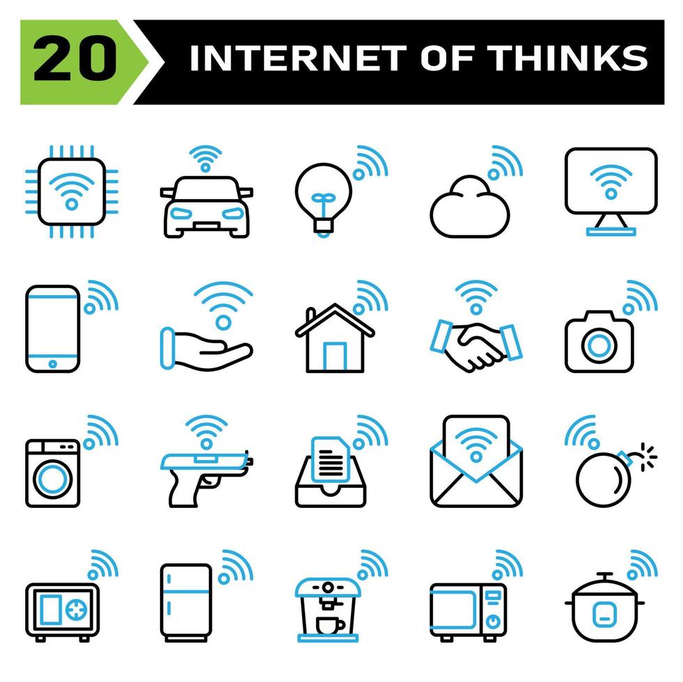 internet av saker ikon uppsättning inkludera chip, internet av saker, processor, chip uppsättning, bil, smart bil, lampa, moln, datoranvändning, dator, skrivbord, telefon, mobil, hand, ansluter, Hem, hus, kontrakt vektor