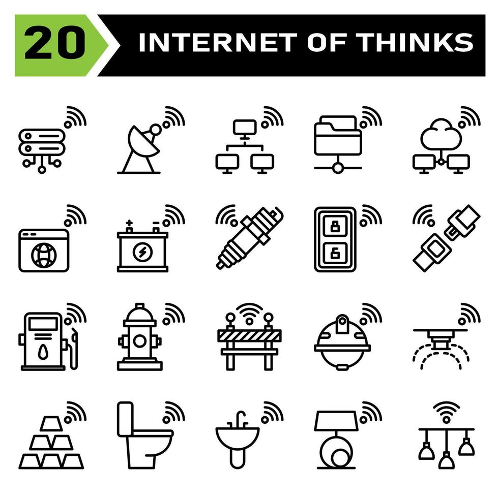 internet av saker ikon uppsättning inkludera server, databas, internet av saker, satellit, nätverk, mapp, moln, webbläsare, webb, batteri, ackumulator, gnista, plugg, nyckel, avlägsen, säkerhet, bälte, gas station vektor