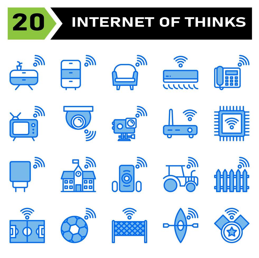 Das Icon-Set für das Internet der Dinge umfasst Schrank, Möbel, Internet der Dinge, Sofa, Couch, Klimaanlage, Telefon, Fernseher, Kamera, Action-Kamera, Router, Prozessor, Ladegerät, Hafen, Schule, Gebäude vektor