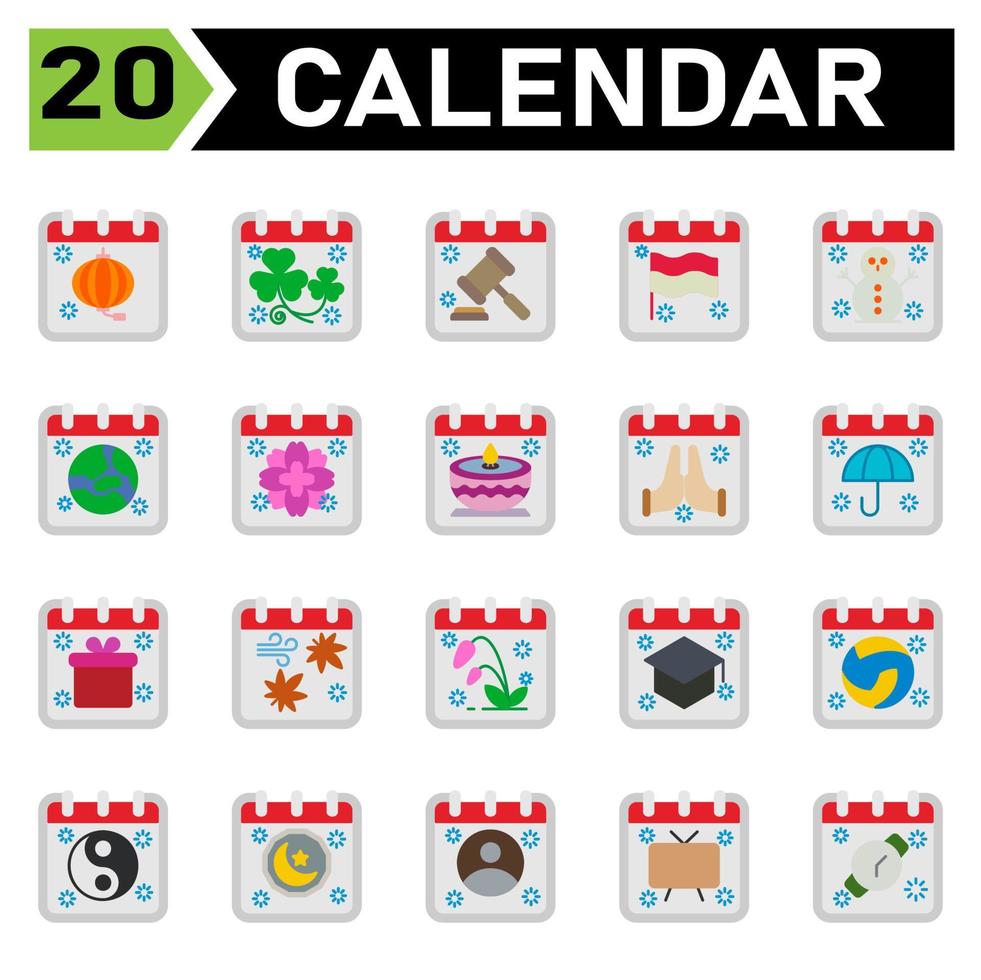 kalender händelse ikon uppsättning inkludera kinesisk ny år, kalender, datum, händelse, st patrick, dag, lag, flagga, snögubbe, vinter, jorden, värld, planet, blomma, Japan, diwali, hinduiska, be, hoppas, hand, paraply vektor