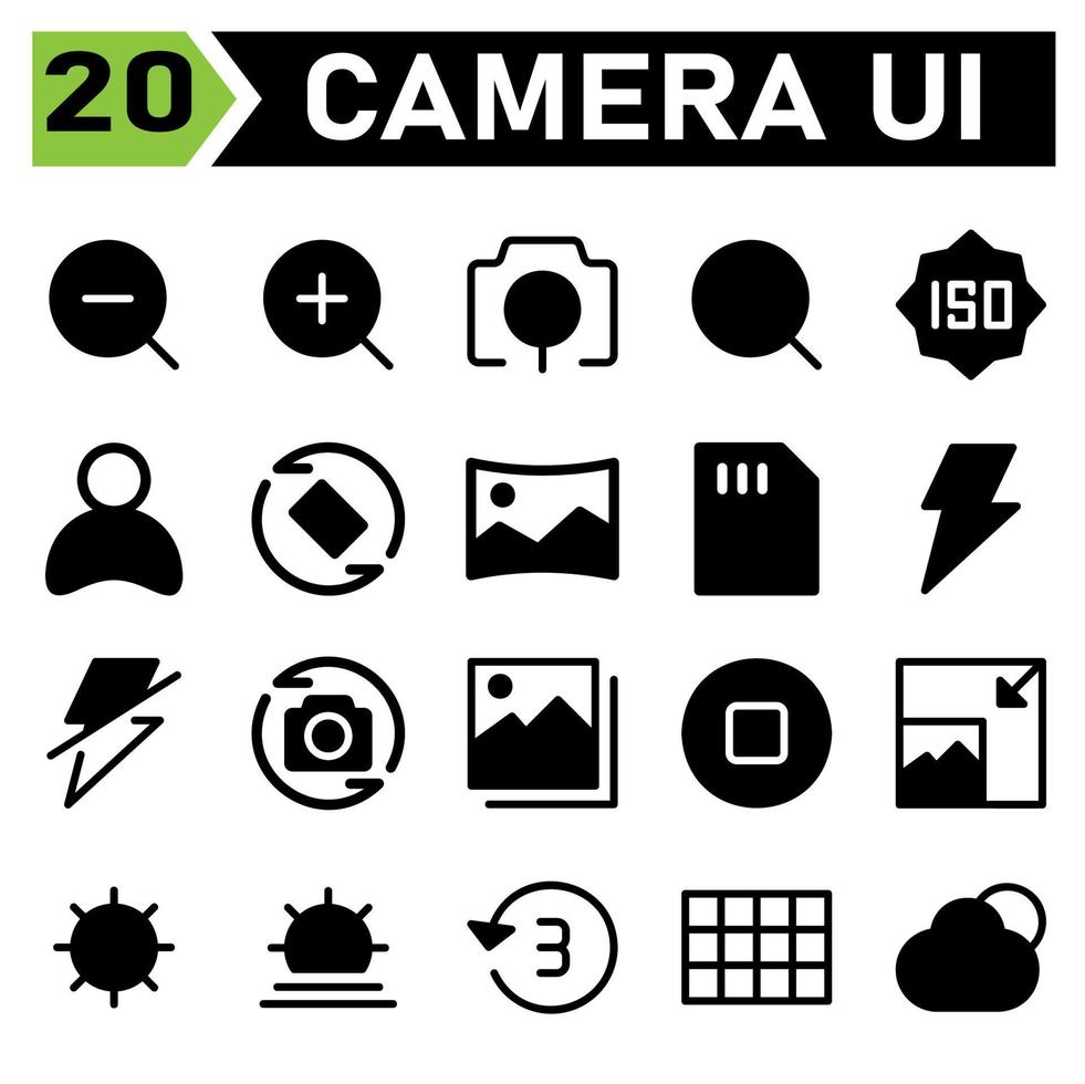 Das Fotokamera-Symbolset umfasst Kamera, Aus, Zoom, Lupe, Schnittstelle, Ein, Suche, Foto, Modus, Benutzer, Konto, Profil, Avatar, Drehen, Bild, Drehung, Bild, Panorama, Karte, Speicher, Speicher, Blitz vektor