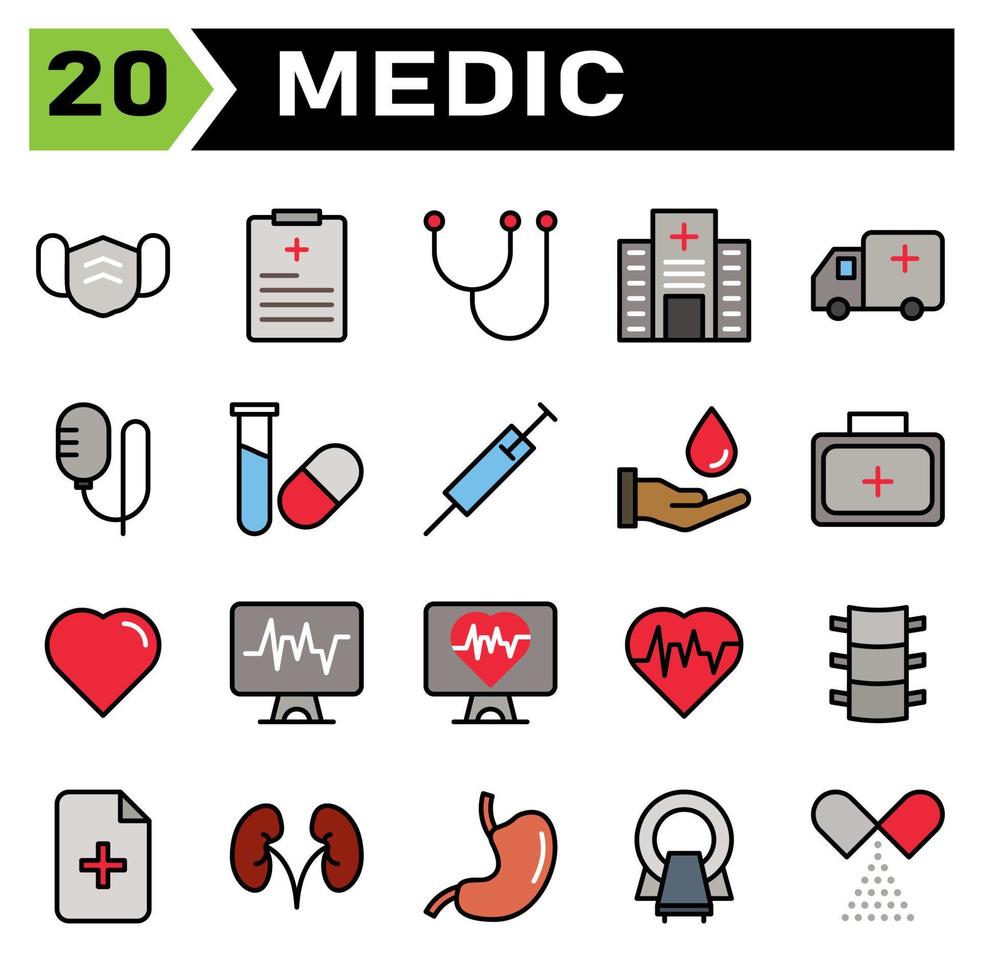 läkare ikon uppsättning inkludera ansikte mask, mask, sjukvård, skydda, sjukhus, Registrera, medicinsk, diagnos, stetoskop, verktyg, klinik, byggnad, ambulans, service, Stöd, infusion, medicin, friska vektor
