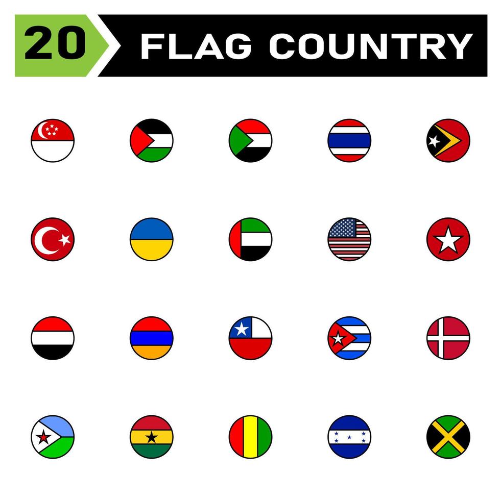 Flag Country Icon Set umfasst Land, Flagge, Symbol, National, Reise, Illustration, Nation, Symbol, Vektor, Emblem, Satz, Zeichen, Kontinent, International, alle, Kuwait, Lettland, Liberia, Mauritius vektor