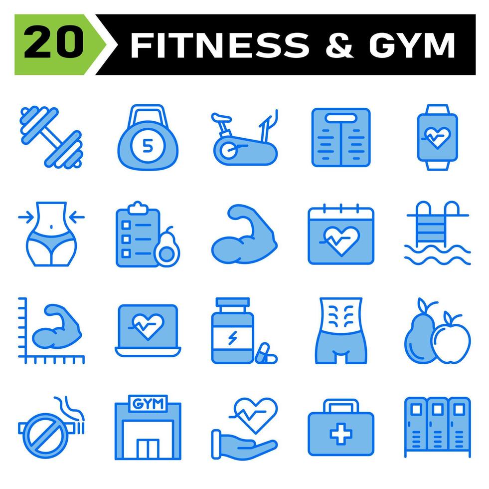 friska och kondition ikon uppsättning inkludera vikt, Gym, Utrustning, träna, cykel, skala, smart, Kolla på, enhet, härd, diet, kropp, midja, avokado, mat, checklista, frukter, kroppsbyggare, muskel, kalender vektor