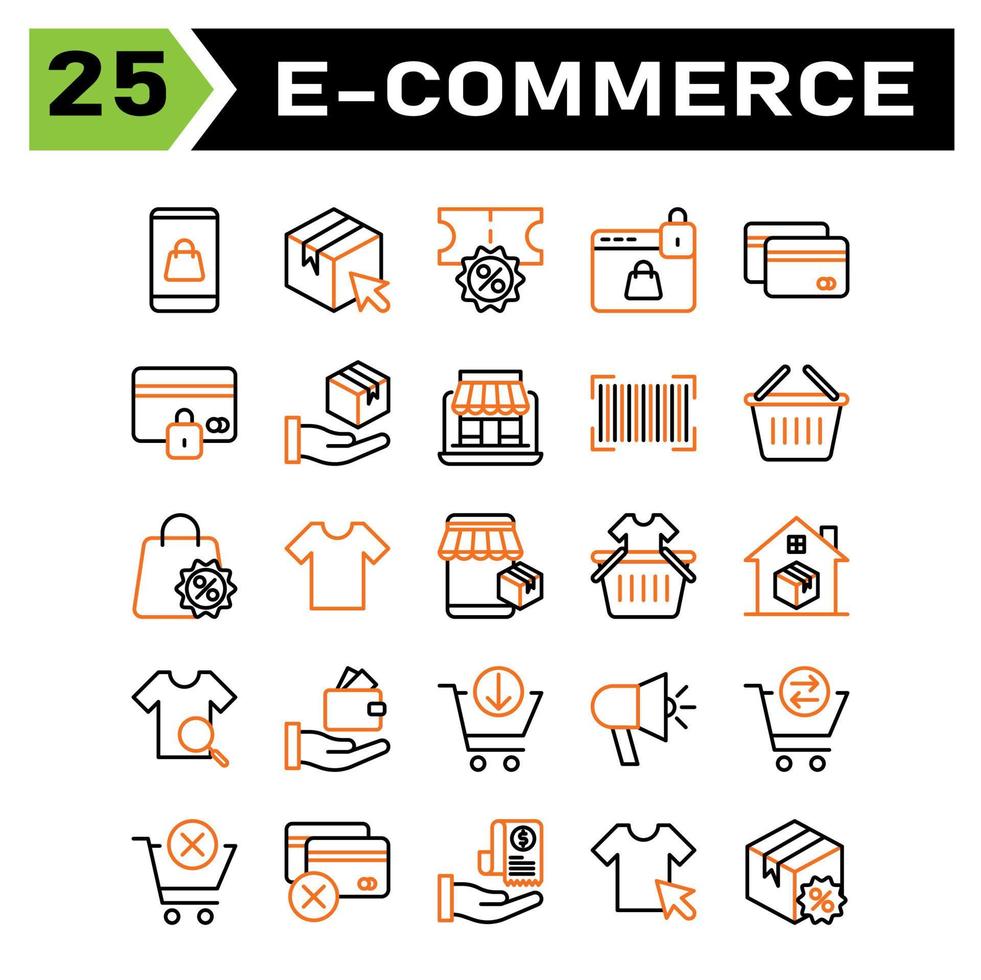 Das E-Commerce-Icon-Set umfasst Telefon, Smartphone, Online, Shop, Tasche, Versand, Paket, Auswahl, Klick, Cursor, Rabatt, Markt, Handel, Einkaufen, Web, Sperre, Passwort, Schutz, Online-Shop, Zahlung vektor