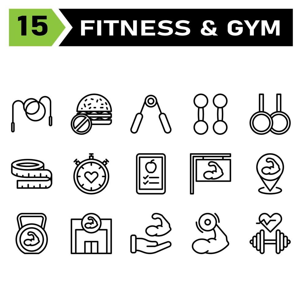 Das Symbolset für Gesundheit und Fitness umfasst Seil, Sprung, Überspringen, Gesund, Fitness, Fitnessstudio, Burger, kein Essen, ungesund, Essen, Ernährung, Greifer, Greifer, Hand, Bodybuilding, Heben, Gewicht, Aerobic, Bewegung vektor