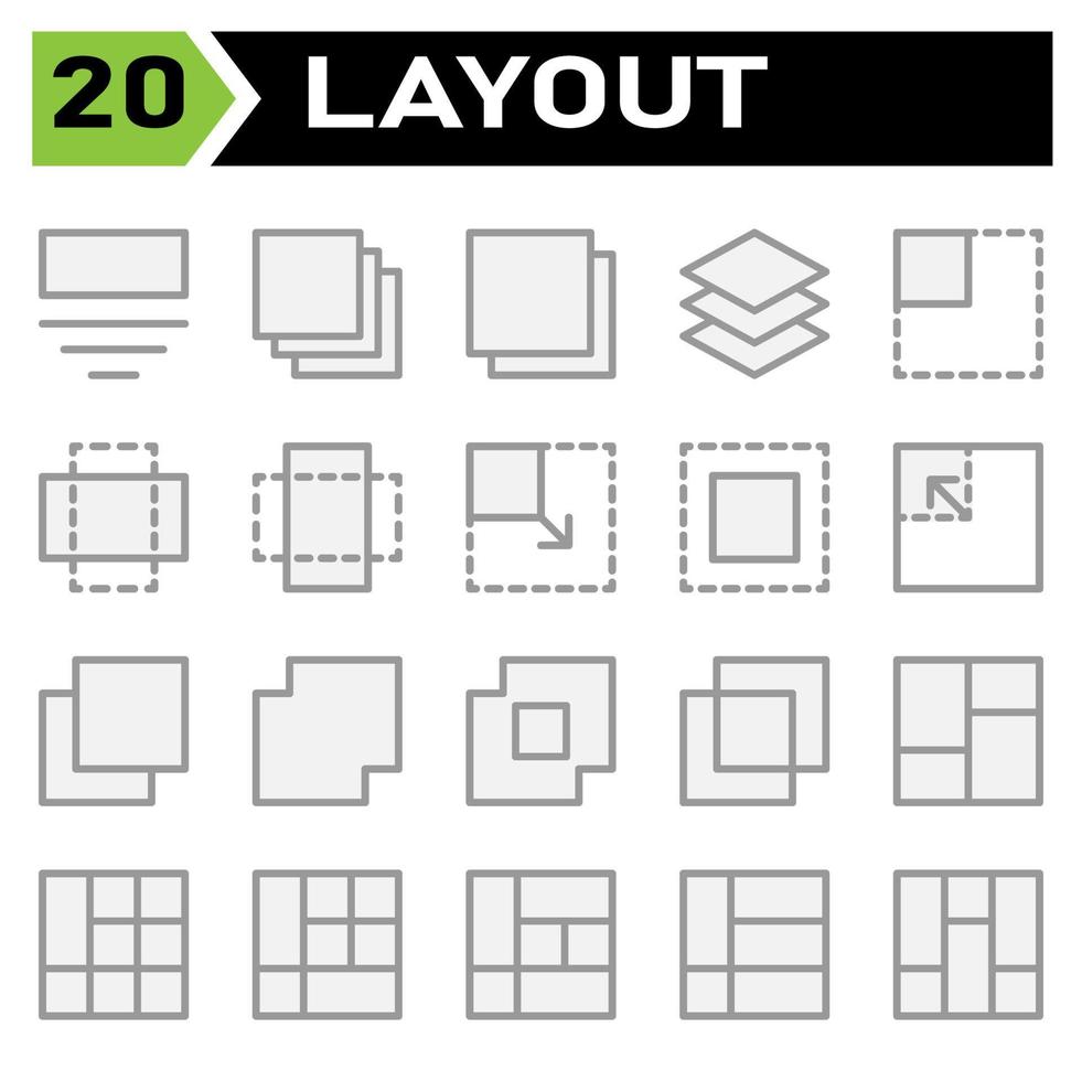 Das Layout-Icon-Set umfasst Layout, Raster, Dashboard, Schnittstelle, Benutzeroberfläche, Ausrichtung, Vorlage, Design, Flayer, Grafik, Cover, Poster, Vektor, Banner, Kreativ, Konzept, Broschüre, abstrakt, modern, Bus vektor