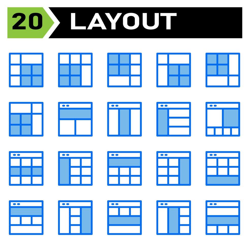 layout ikon uppsättning inkludera layout, rutnät, instrumentbräda, gränssnitt, användare gränssnitt, justera, mall, design, flayer, grafisk, omslag, affisch, vektor, baner, kreativ, begrepp, broschyr, abstrakt, modern, buss vektor