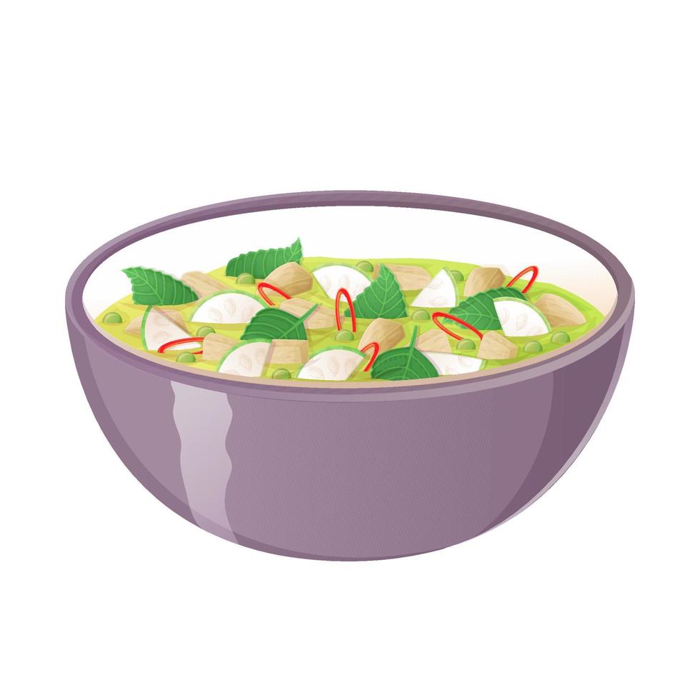 Grünes Thai-Curry mit Auberginen. asiatische lebensmittelillustration lokalisiert auf weiß im karikaturstil vektor