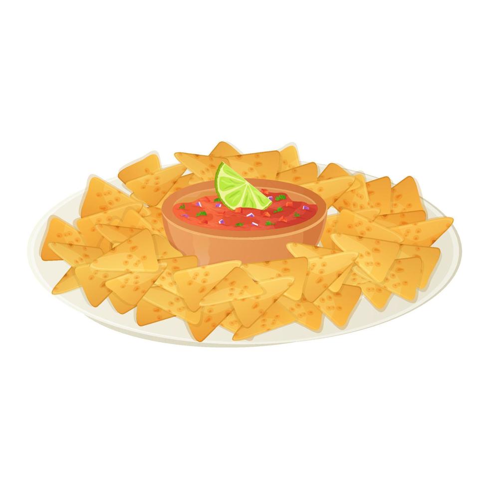 mexikanischer nacho-teller mit salsa. latino-amerikanische lebensmittelillustration im karikaturstil lokalisiert auf weiß. vektor