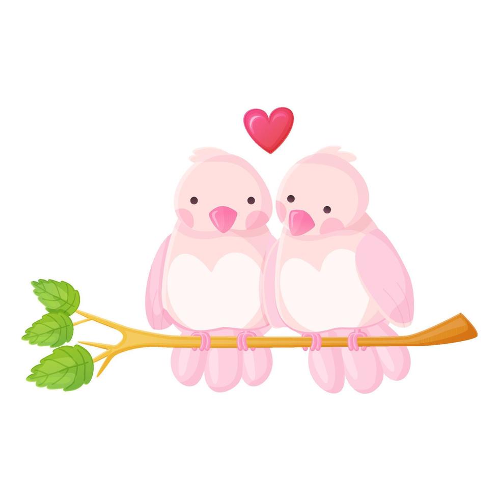 Schönes Vogelpaar auf einem Ast. Konzept der romantischen Charaktere. Stock-Vektor-Illustration isoliert auf weißem Hintergrund im flachen Cartoon-Stil. vektor