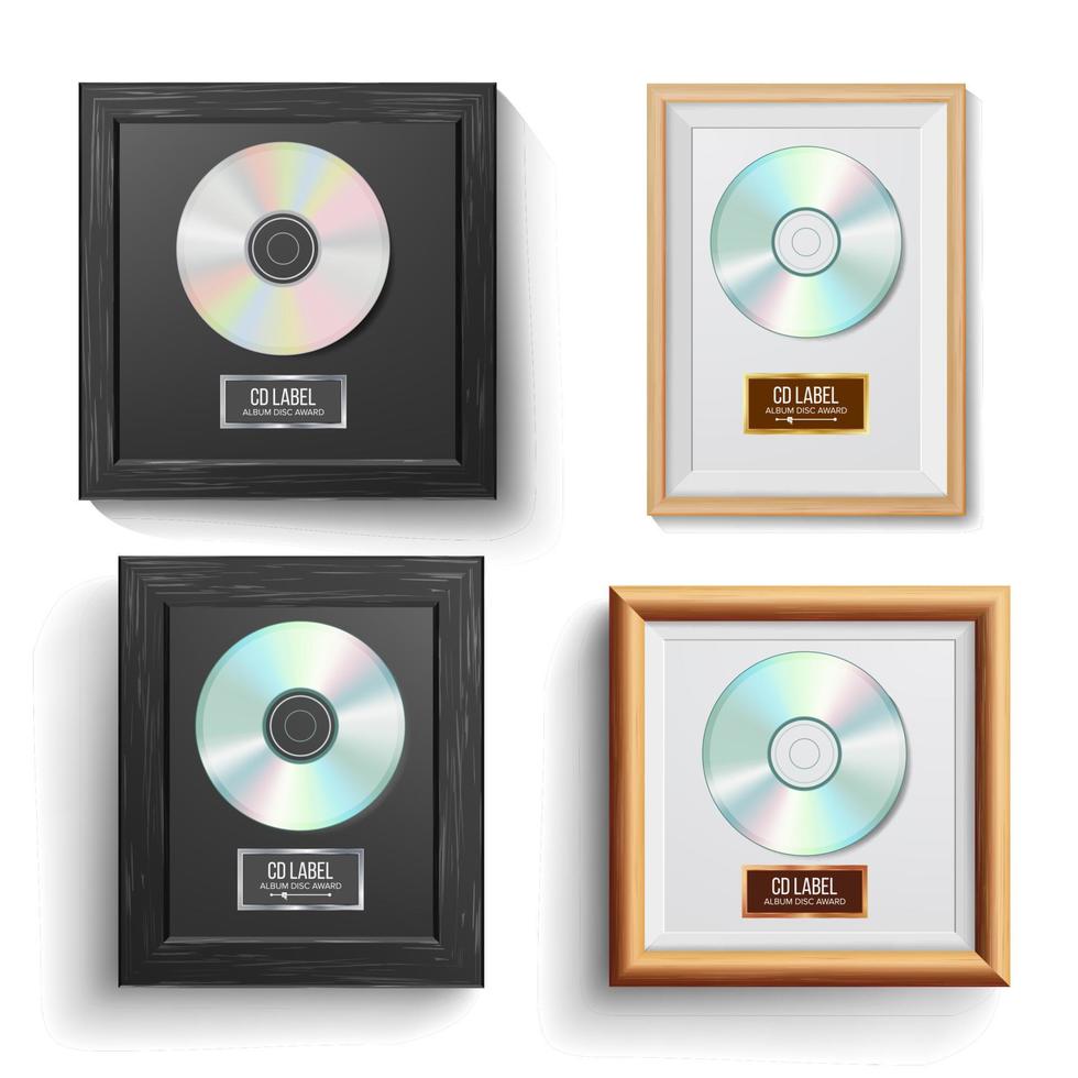 CD-Disc-Award-Set-Vektor. moderne Zeremonie. Bestseller, Verkaufsschlager, Spitzenreiter. Musikalische Trophäe. realistischer rahmen, albumscheibe, ziegelwand. Illustration vektor