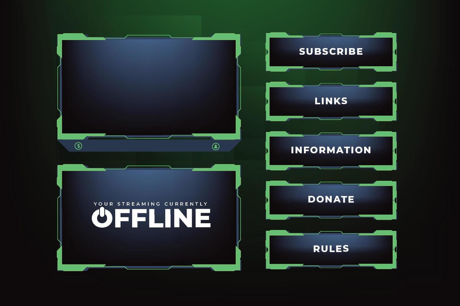 futuristische grüne Gaming-Overlay-Dekoration für Online-Gamer. Live-Stream-Overlay-Vektor mit Offline-Bildschirmabschnitt und bunten Schaltflächen. Live-Streaming-Overlay-Design für Bildschirmpanels. vektor