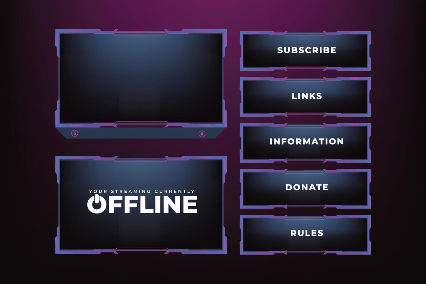 Live-Übertragung oder Streaming-Overlay-Panels mit einem Offline-Bildschirmvektor. Streaming-Screen-Panel-Dekoration mit gelben und violetten Farben. Live-Icon-Elemente Dekorationsvektor für Gamer. vektor