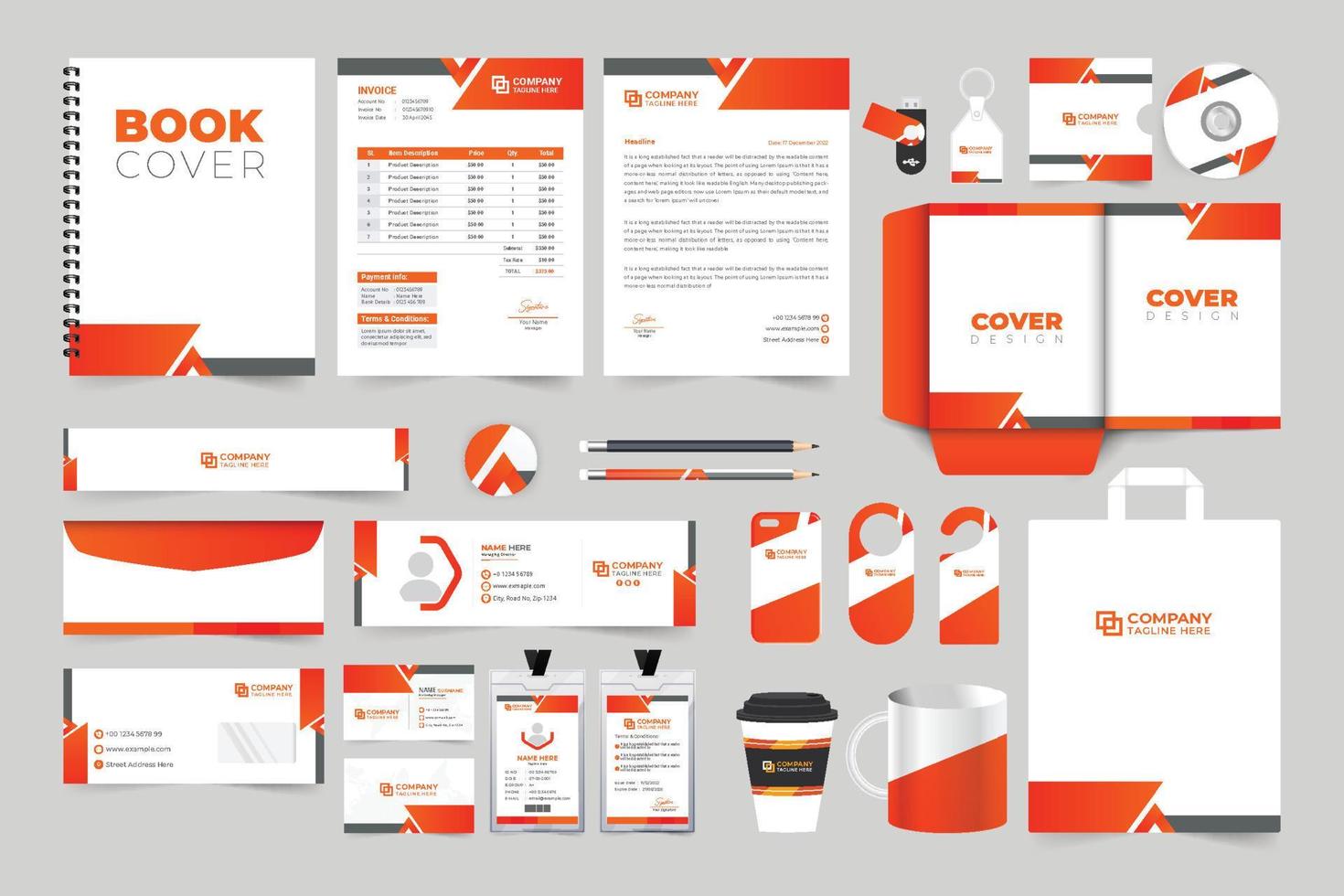 kreativ bok omslag, faktura, brevpapper, och kuvert design för företag varumärke befordran. företags- varumärke identitet brevpapper mall vektor med orange Färg. företag annons webb banderoller.