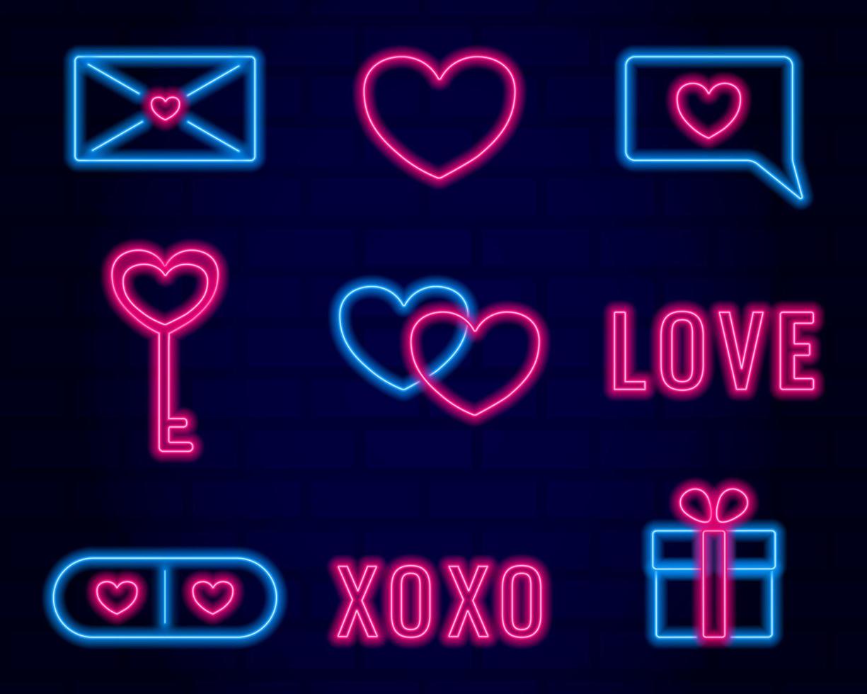 neon tecken, hjärtans dag uppsättning, lysande ikon uppsättning, hjärta form, brev, nyckel, vektor illustration