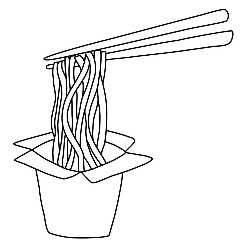 Nudelbox mit Essstäbchen handgezeichnete Vektorillustration. asiatische Fast-Food-Linienskizze. Essen zum mitnehmen. Wok-Verpackung. vektor