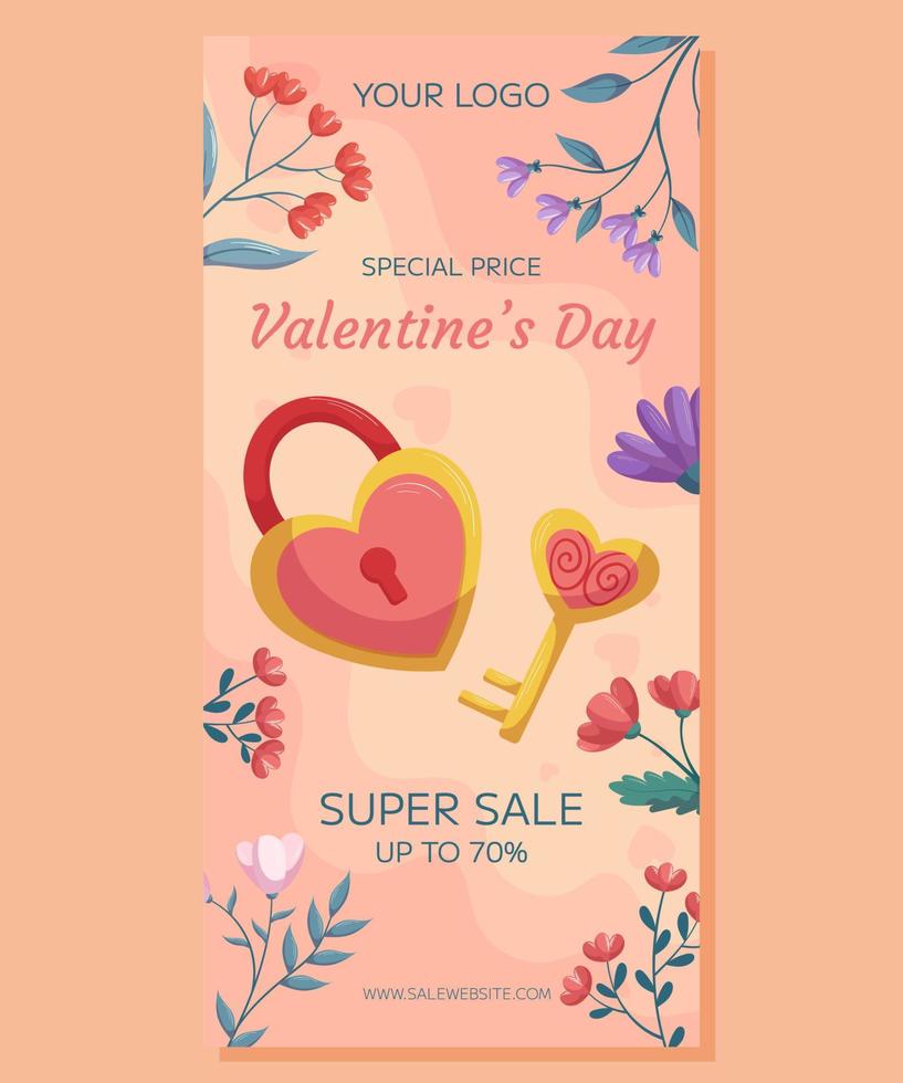 valentinstag vertikaler super verkauf banner vorlagendesign. schloss und schlüssel in herzform, gold und rosa farbe mit floralem rahmen auf beigem hintergrund. Sonderpreiskonzept Online-Shopping vektor