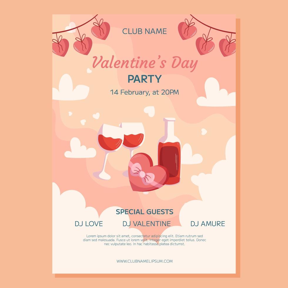 Valentinstag-Party-Poster-Template-Design. Flasche und zwei Gläser Wein, Schachtel mit Schokolade in Herzform mit Schleife, Herzgirlande oben. Veranstaltungseinladung für den Club vektor