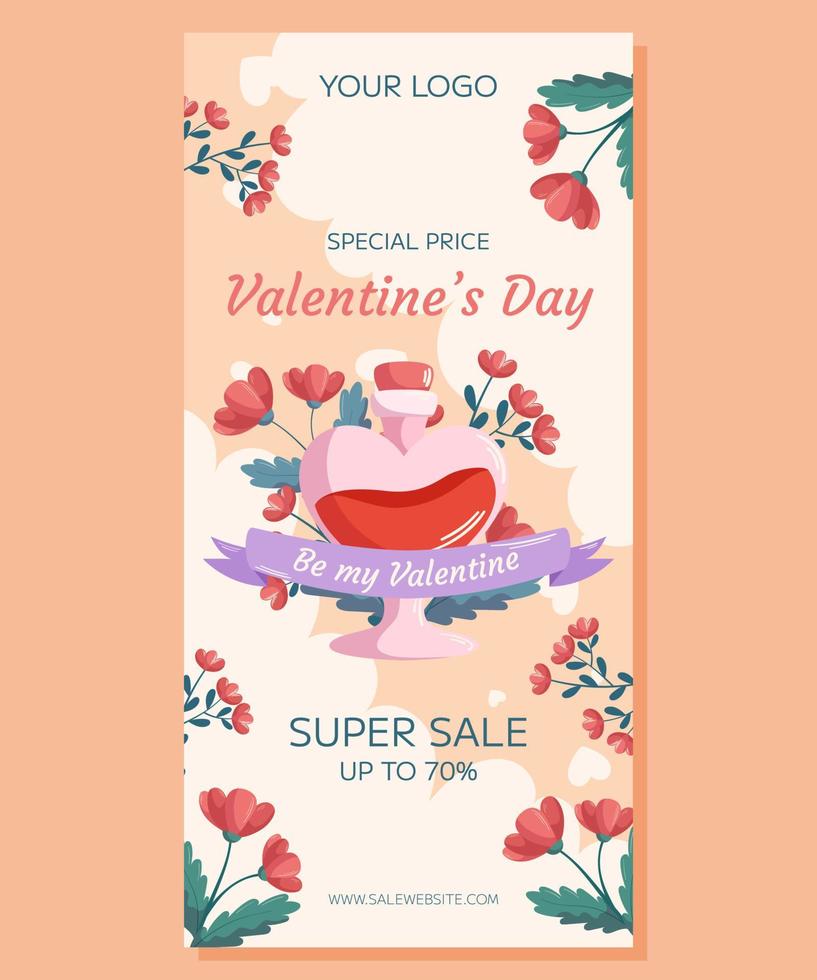 valentinstag vertikaler super verkauf banner vorlagendesign. Love Potion Bottle Concept Illustration mit roten Blumen dahinter mit Band auf beigem Hintergrund. Online-Shopping mit Sonderpreiskonzept vektor