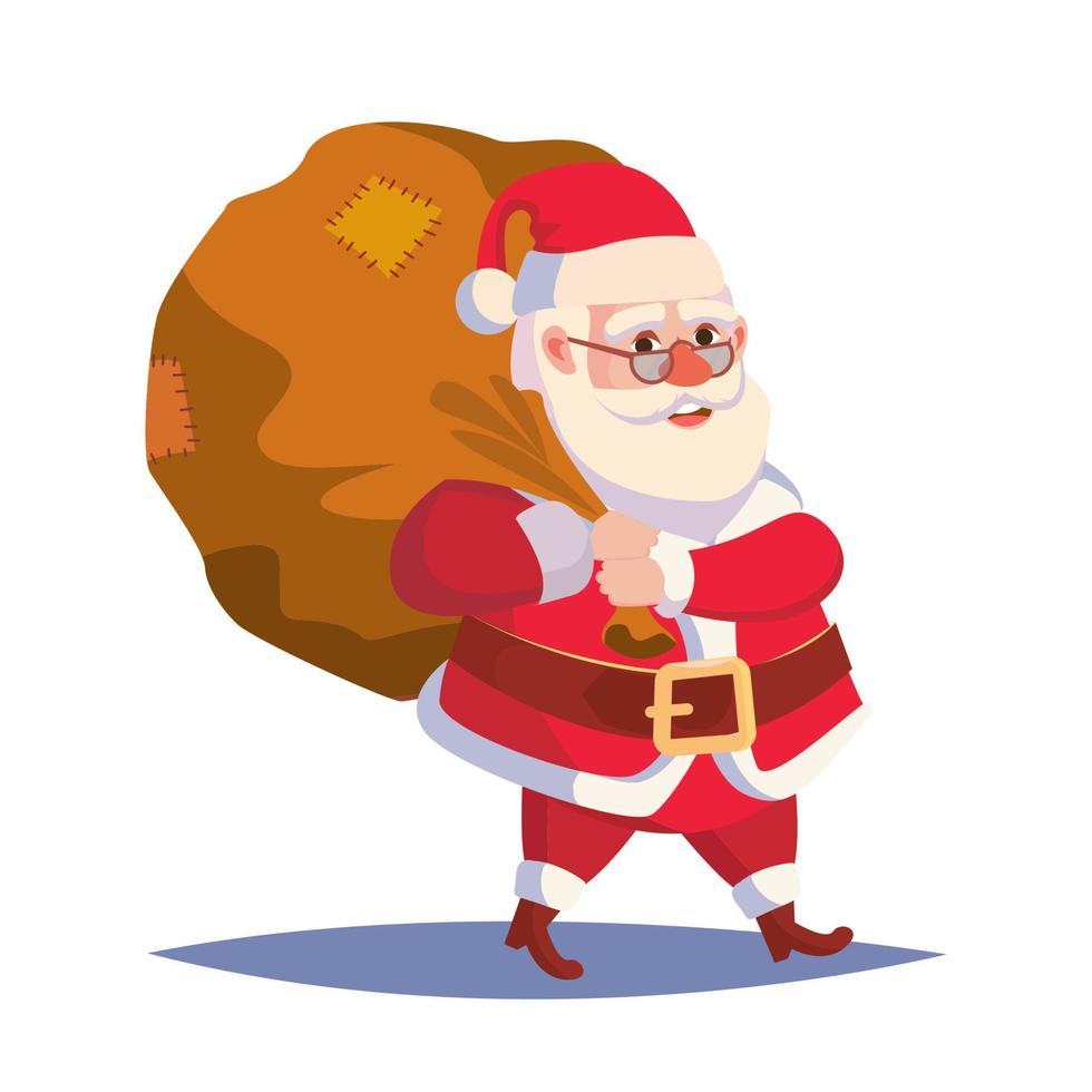 weihnachtsmann, der großen sack mit geschenkvektor trägt. klassischer weihnachtsmann im roten anzug. gut für Flyer, Karten, Poster, Dekoration, Werbedesign. flache niedliche karikaturillustration vektor