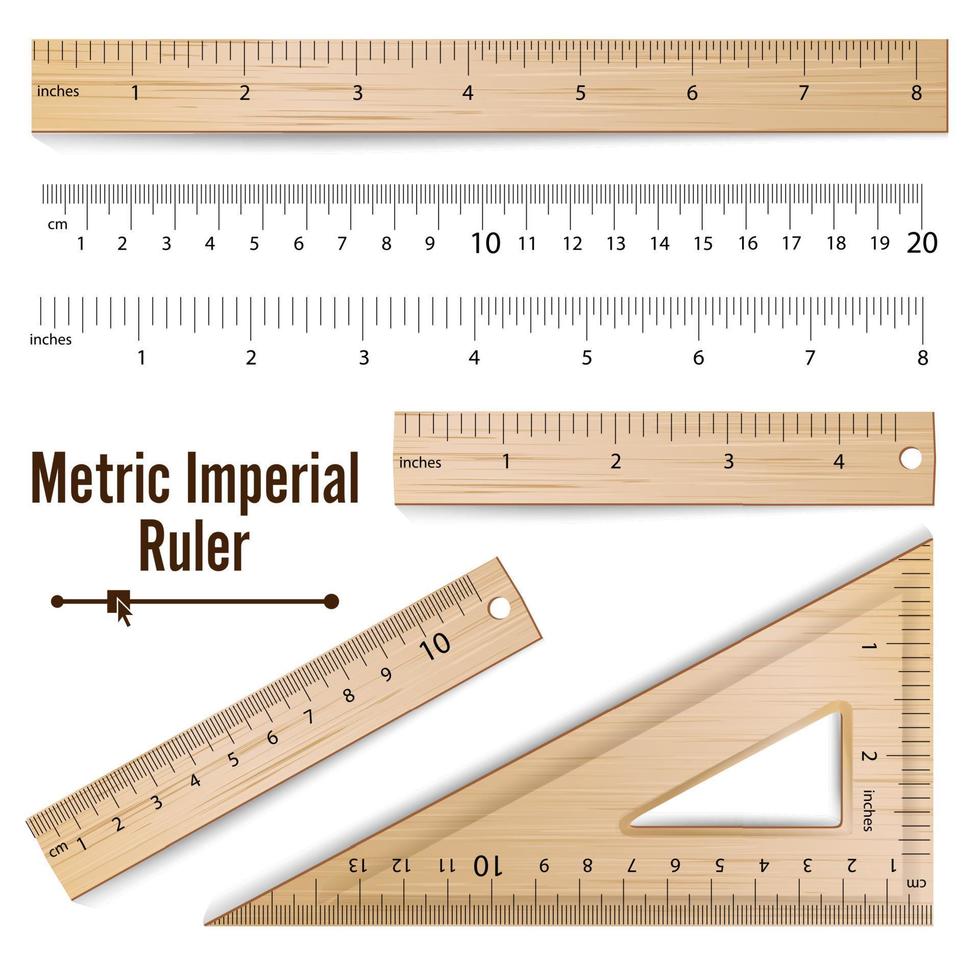 hölzerner metrischer kaiserlicher Herrschervektor. Zentimeter und Zoll. Messen Sie die Werkzeugausrüstungsillustration, die auf weißem Hintergrund lokalisiert wird. vektor
