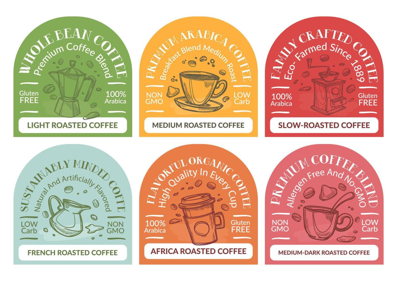 etikettendesign-set für ganze bohnenkaffeepakete vektor