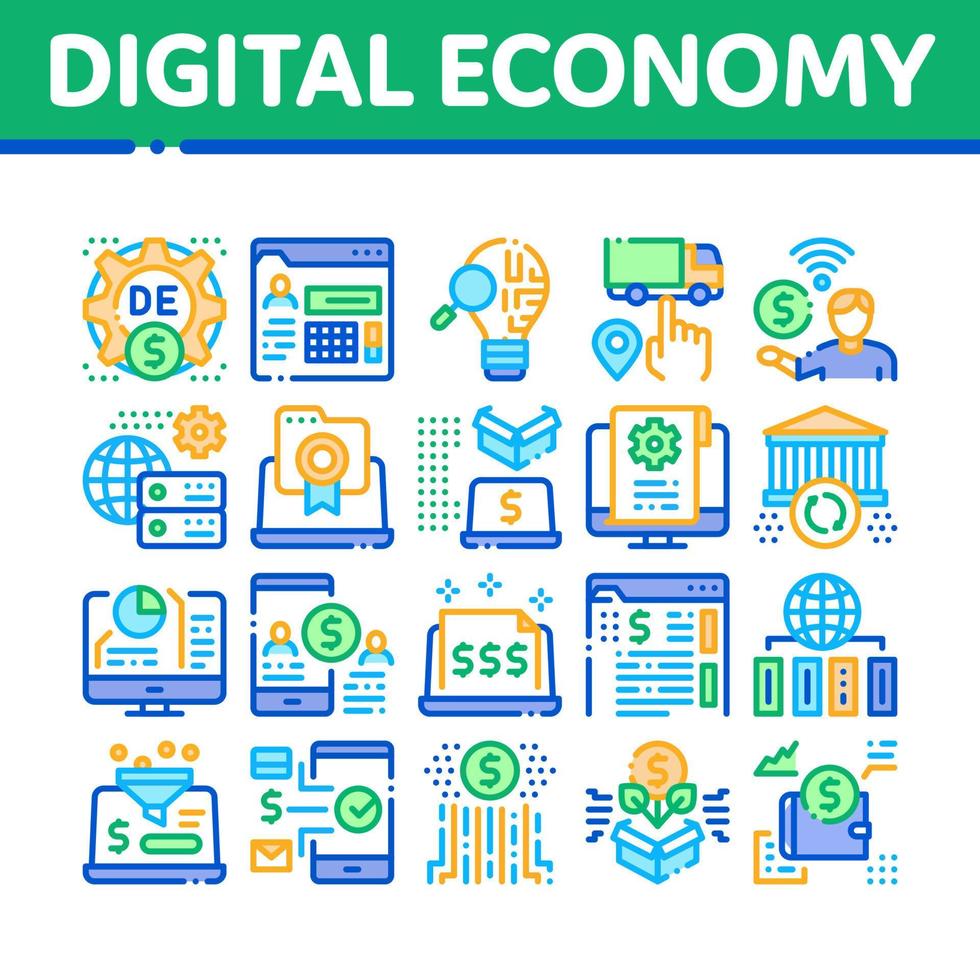 Symbole für digitale Wirtschaft und E-Business setzen Vektor