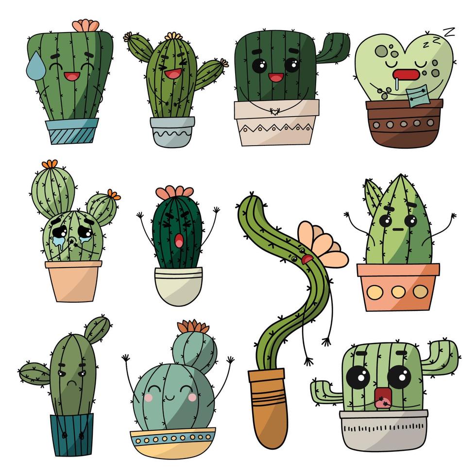 söt Lycklig leende kaktus känslor uppsättning samling. vektor