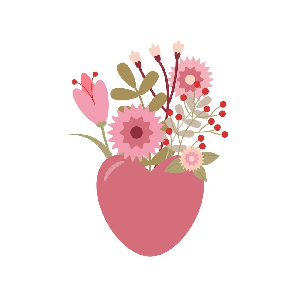 süßer Blumenstrauß und großes rosa Herz. romantische Valentinstagskarte. Liebeserklärung. grußkarte, postkarte, plakat. dekoratives element des urlaubs am 14. februar. vektorillustration vektor