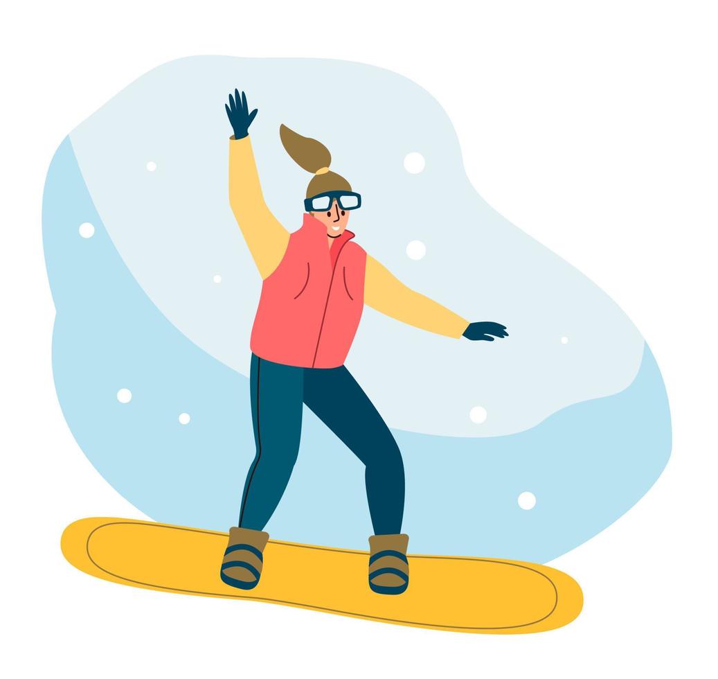 wintersport im urlaubs- und freizeitkonzept. Frau rollt ein Loch auf ein Snowboard. vektor
