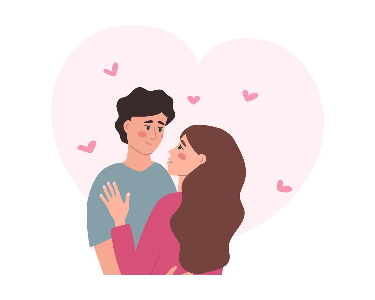 par i kärlek kramar och utseende in i varje andra ögon med ömhet. begrepp av intimitet, förtroende, kärlek och romantik. vektor platt illustration för valentines dag