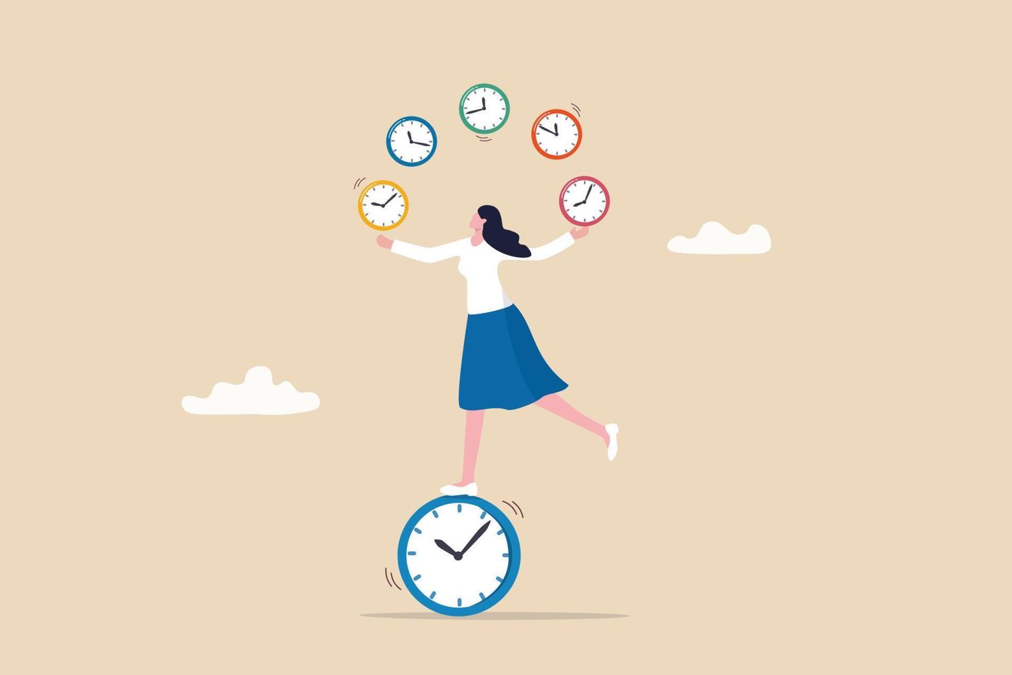 zeitmanagement für beste effizienz und produktivität, projekt verwalten und zeitplan oder zeitplan kontrollieren, geschwindigkeit oder schnelles arbeitskonzept, geschäftsfrau, die uhren jongliert und sich auf der uhr balanciert. vektor