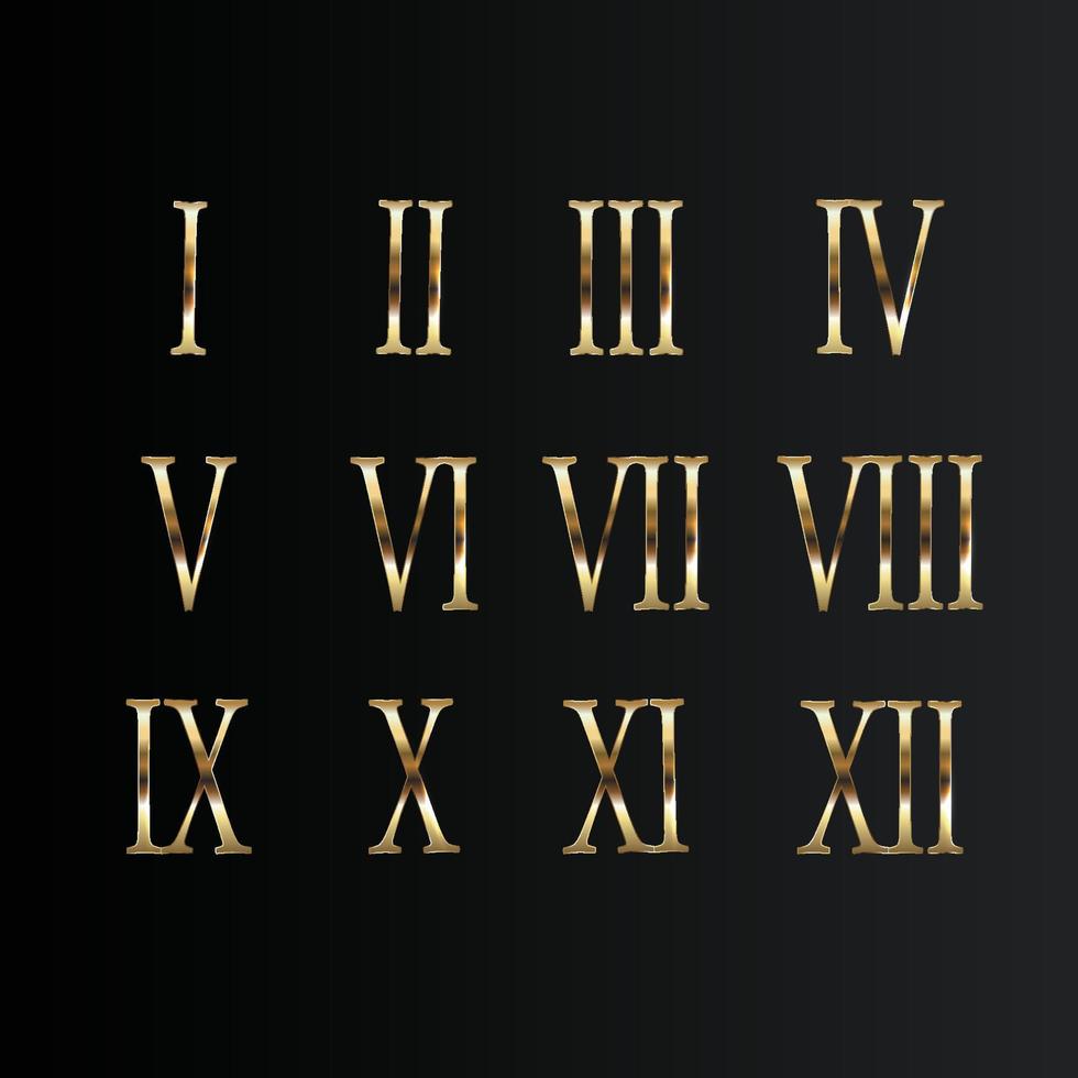 goldene römische Ziffern gesetzt. elegante alte Zahl goldene Luxusmathematik für Vorlagen und Zählen. vektor