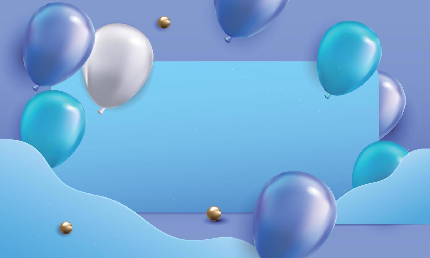 3d blauer luftballonhintergrund mit konfetti und bändern. feier, produktpräsentation zeigen kosmetisches produktpodium vektor