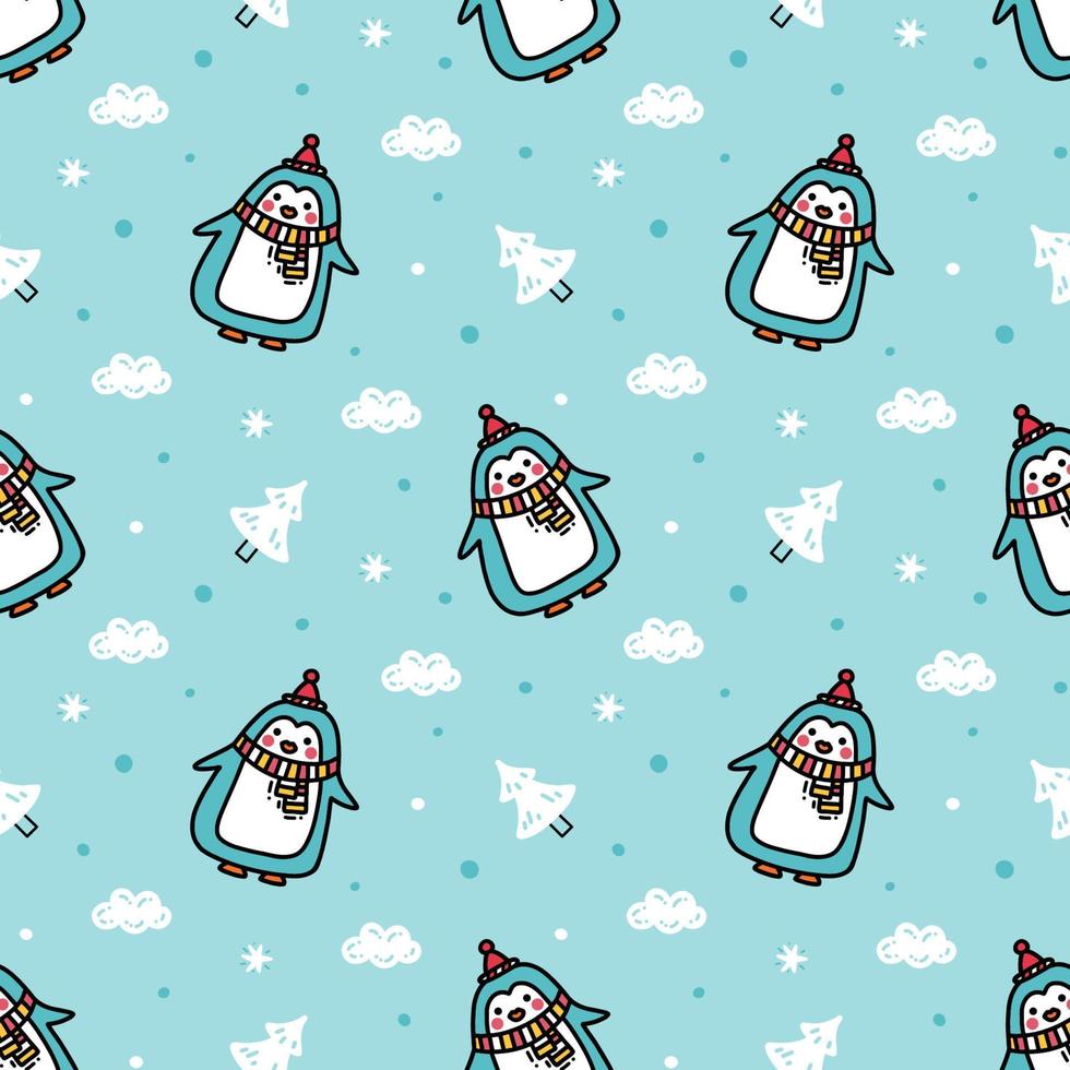 rolig vinter- mönster med söt bebis pingviner i snöig skog vektor
