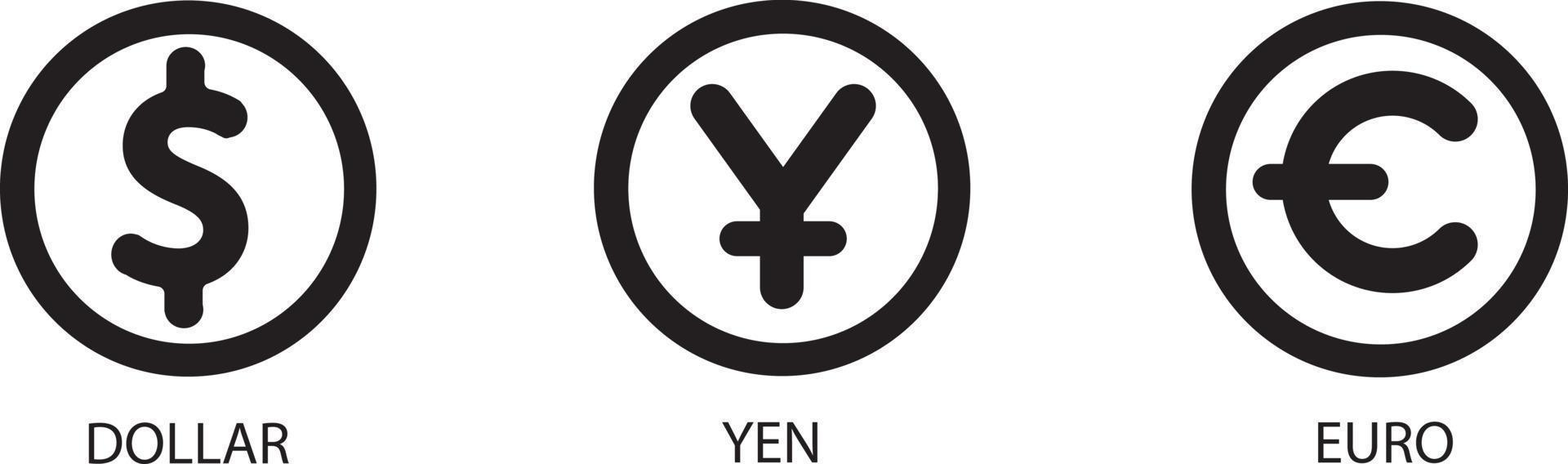 Geldsymbol in zwei Halbkreisen Dollar-Symbol, Euro-Symbol, Yuan-Symbol. vektor