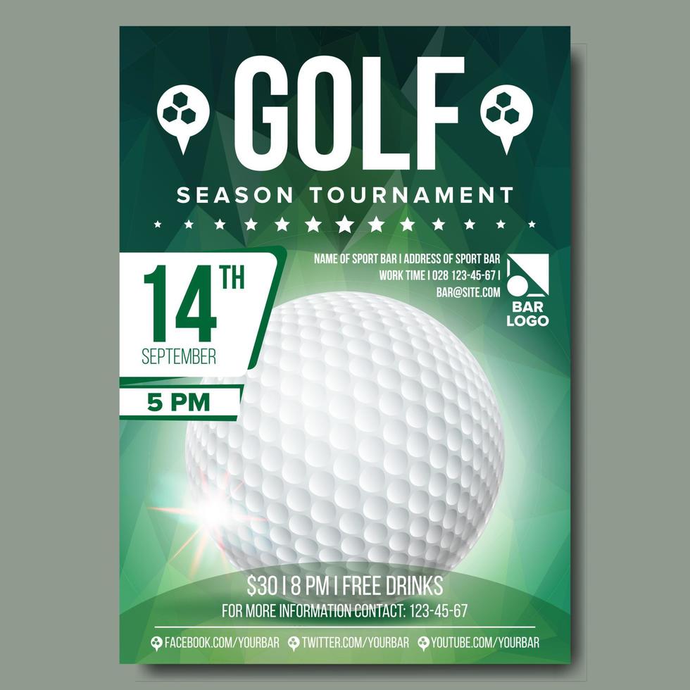 Golf-Poster-Vektor. Bannerwerbung. Ankündigung von Sportveranstaltungen. Ball. A4-Größe. Ankündigung, Spiel, Ligadesign. Abbildung des Meisterschaftsetiketts vektor