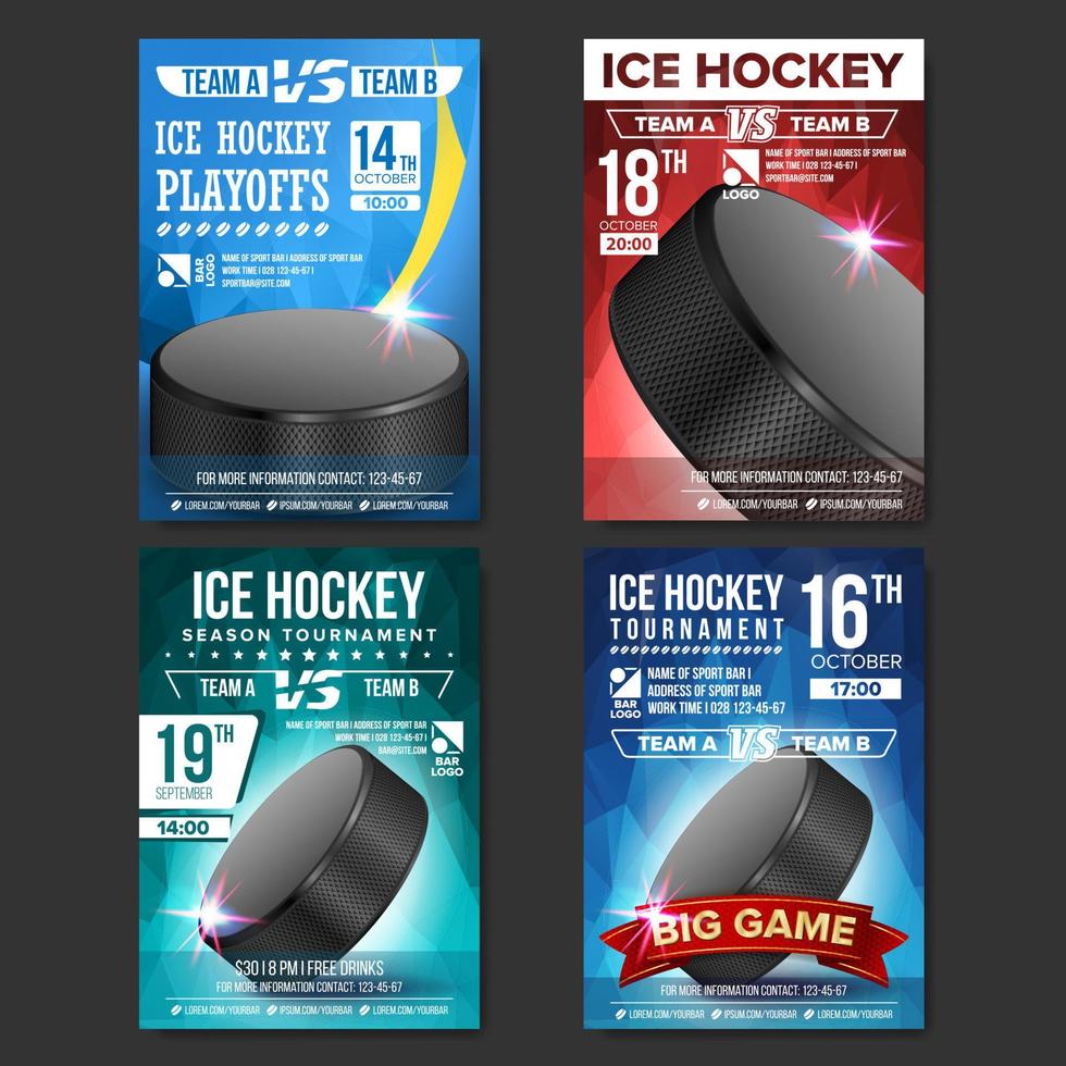 gesetzter vektor des eishockeyplakats. Design für Sportbar-Werbung. Eishockey-Puck. Modernes Turnier. Ankündigung von Sportveranstaltungen. Bannerwerbung. Abbildung der Etikettenvorlage