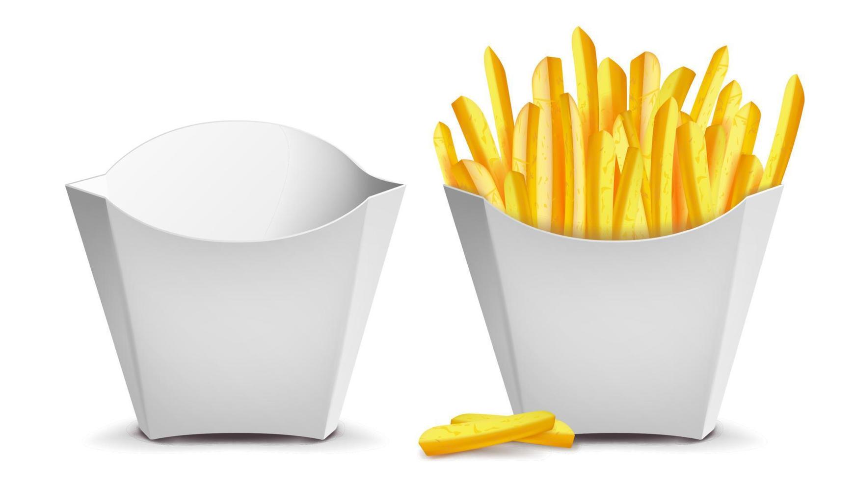Pommes-Frites-Vektor. weiße leere leere papiertüte. Fast-Food-Symbole Kartoffel. leer und voll. isolierte Abbildung vektor