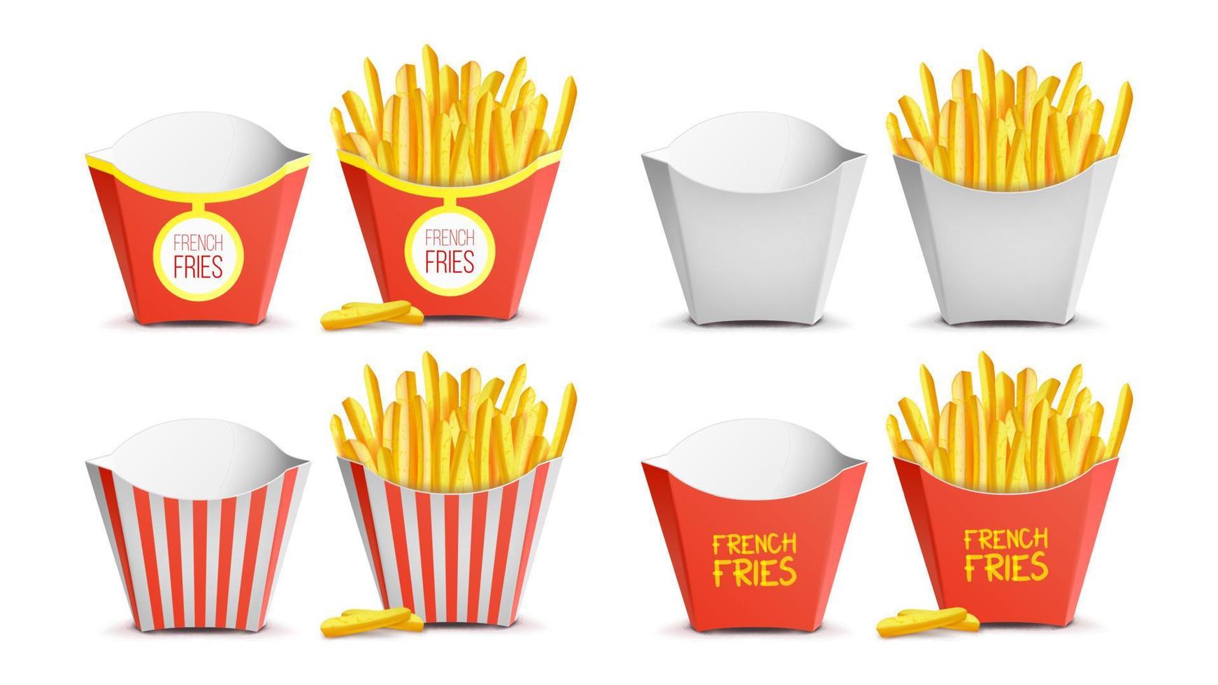 Pommes-Frites-Set-Vektor. klassische Papiertüte. leckere Fast-Food-Kartoffel. Fast-Food-Symbole Kartoffel. leer und voll. isolierte Abbildung vektor