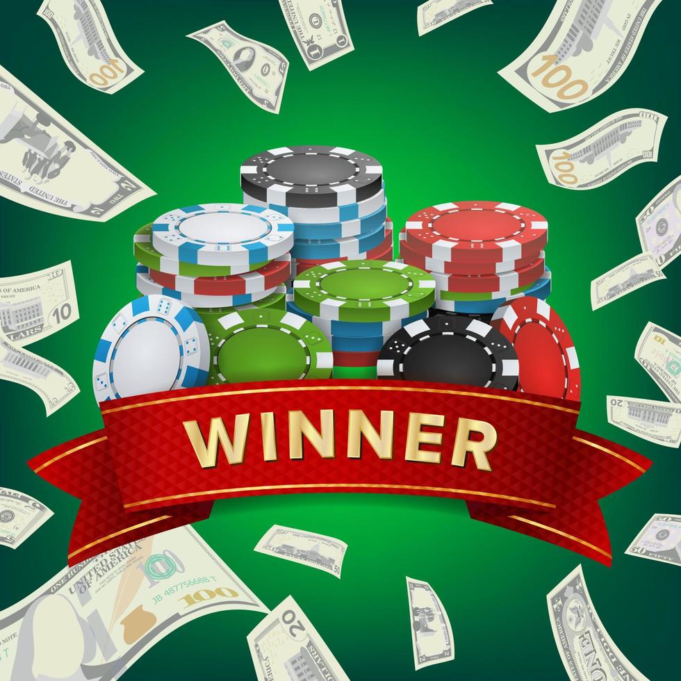 Gewinner Hintergrundvektor. glücksspiel poker chips glückliche jackpot illustration. für Online-Casino, Spielkarten, Spielautomaten, Roulette. Geld stapelt. Nachtclub-Plakatwand-Konzept. vektor