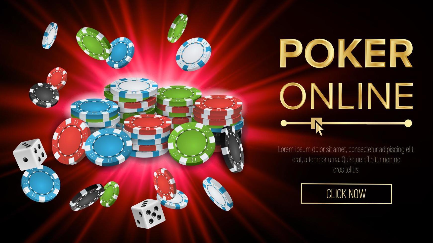 Online-Poker-Vektor. Glücksspiel-Casino-Banner-Schild. Explosionschips, Würfelspiel. jackpot casino billboard, beschilderung, marketing-luxus-banner, plakatillustration. vektor