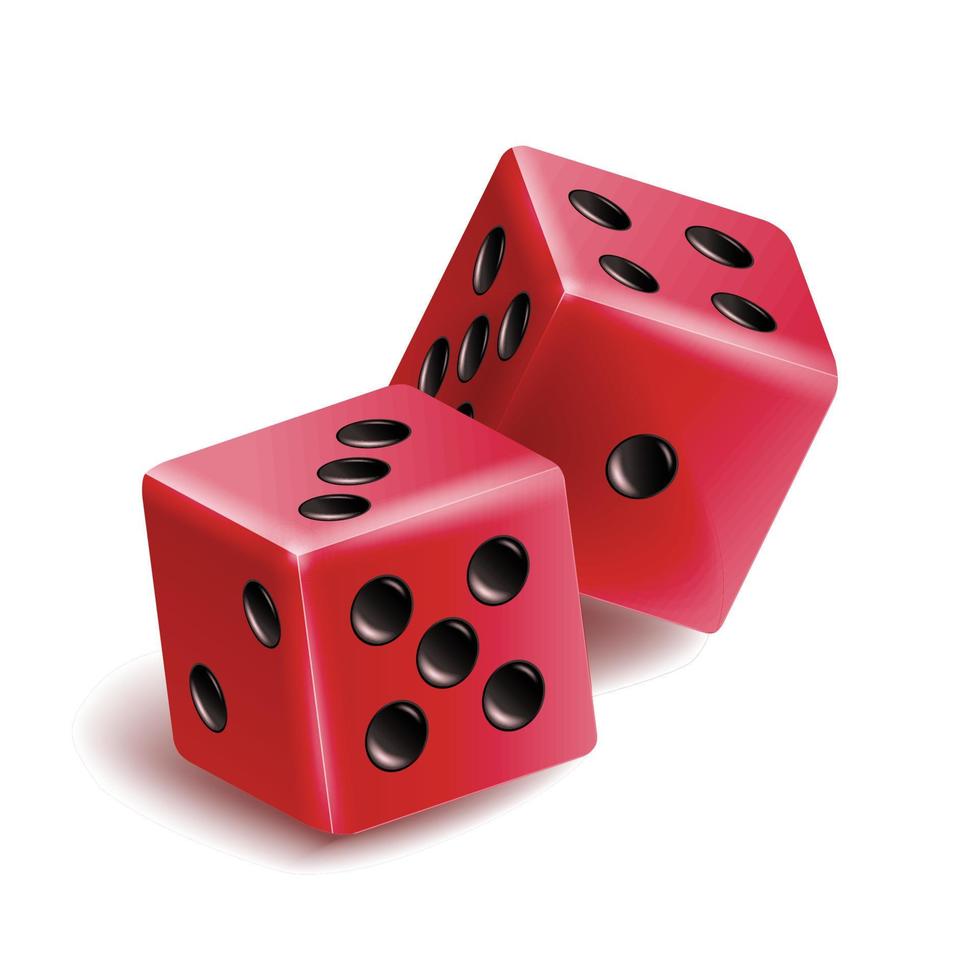 Würfel-Vektor-Set spielen. realistische 3D-Darstellung von zwei roten Würfeln mit Schatten. Spielwürfel gesetzt vektor