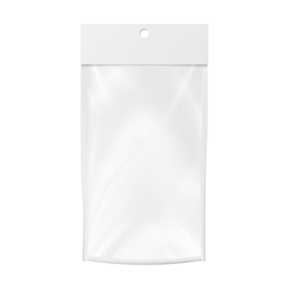 plast ficka vektor tom. realistisk falsk upp mall av plast ficka väska. rena hänga spår. förpackning design mall. isolerat illustration