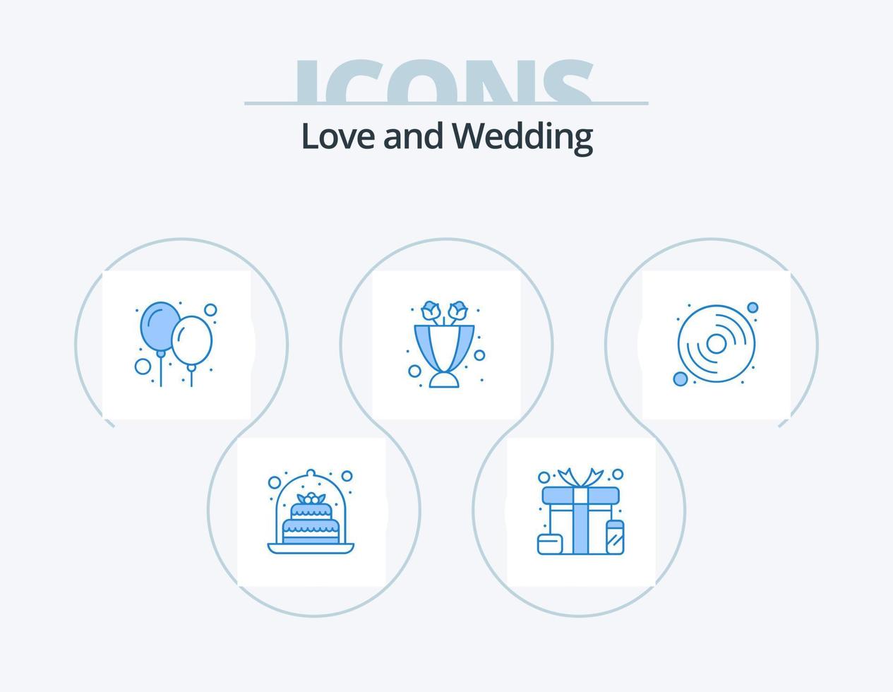 Hochzeit blau Icon Pack 5 Icon Design. Musik. Scheibe. Ballon. Geschenk. Blumen vektor