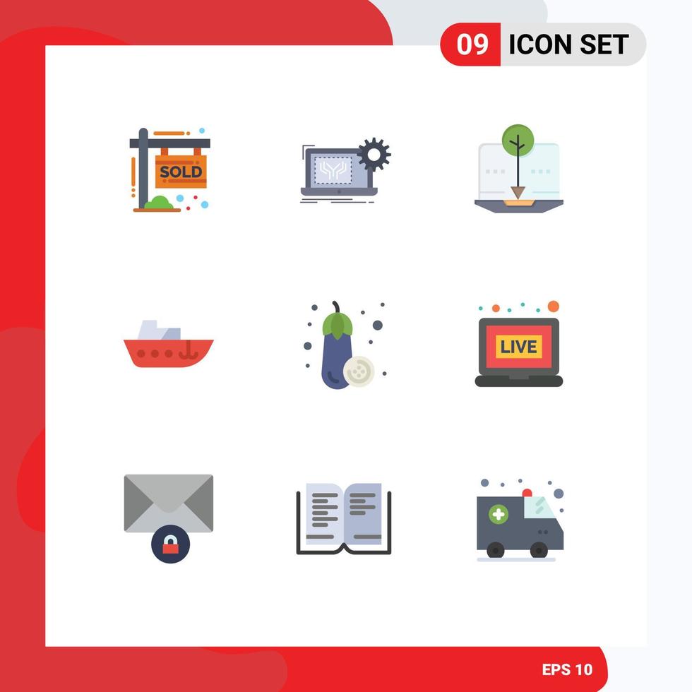 modern uppsättning av 9 platt färger pictograph av äggplanta fartyg hårdvara hastighet digital redigerbar vektor design element
