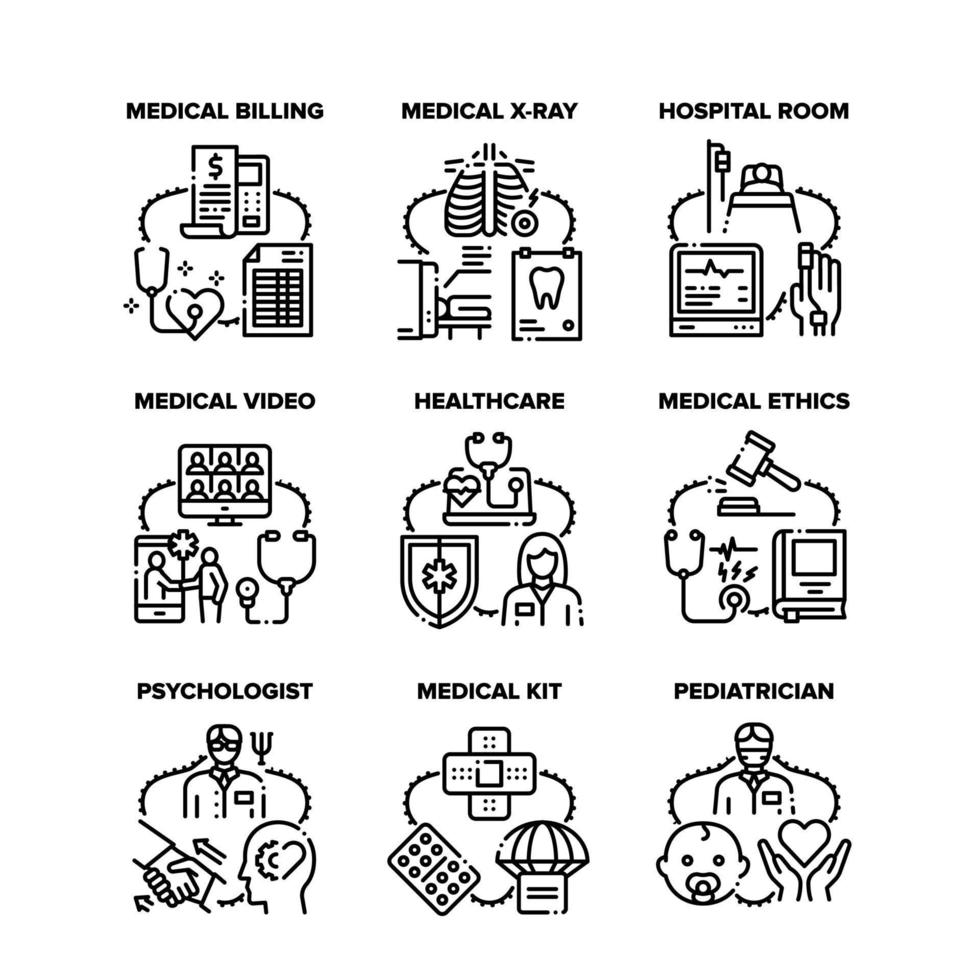 gesetzte ikonen des medizinischen gesundheitswesens vector schwarze illustration